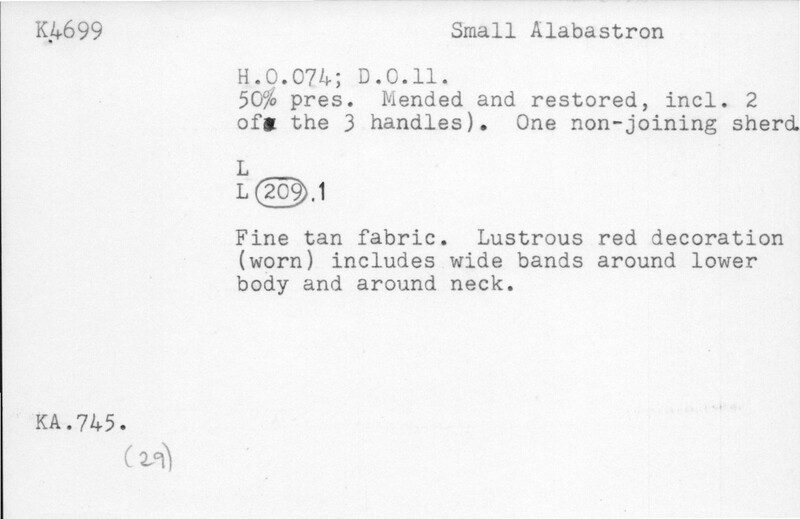 Index card with typed and handwritten information, sometimes including a sketch, of pottery from an excavation.