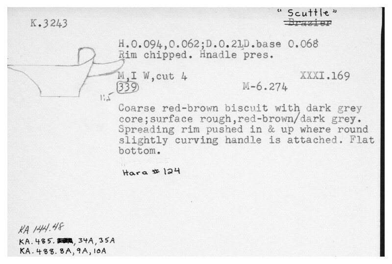 Index card with typed and handwritten information, sometimes including a sketch, of pottery from an excavation.
