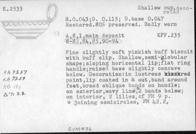 Index card with typed and handwritten information, sometimes including a sketch, of pottery from an excavation.