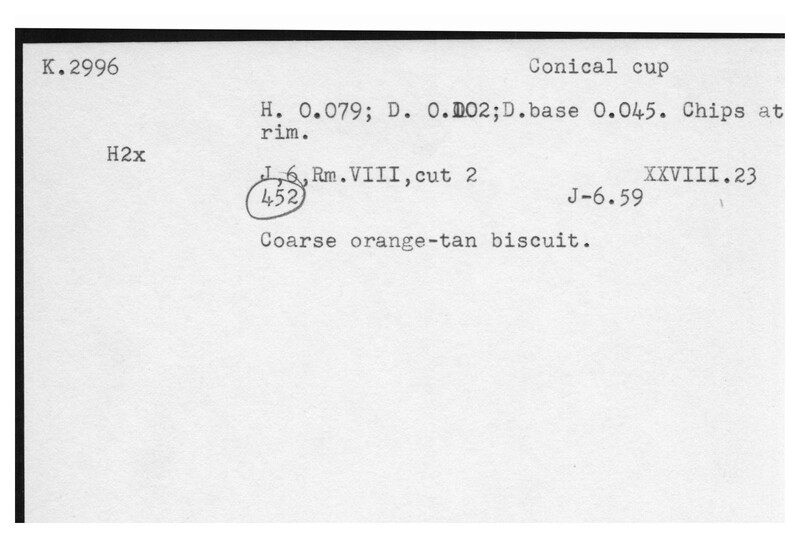 Index card with typed and handwritten information, sometimes including a sketch, of pottery from an excavation.