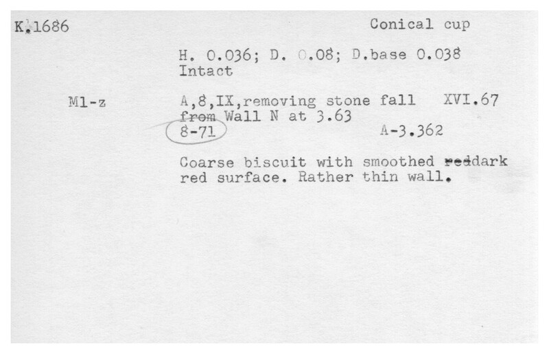 Index card with typed and handwritten information, sometimes including a sketch, of pottery from an excavation.
