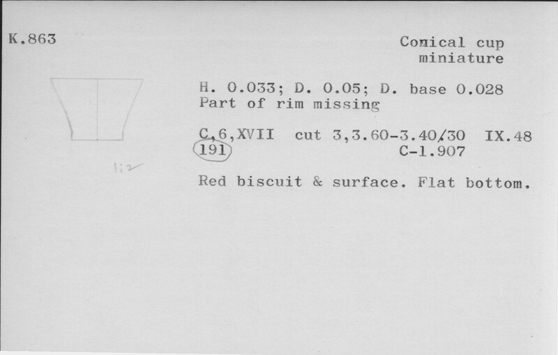 Index card with typed and handwritten information, sometimes including a sketch, of pottery from an excavation.