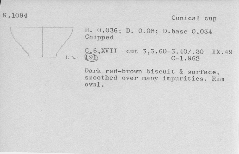 Index card with typed and handwritten information, sometimes including a sketch, of pottery from an excavation.