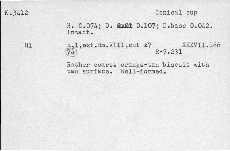 Index card with typed and handwritten information, sometimes including a sketch, of pottery from an excavation.