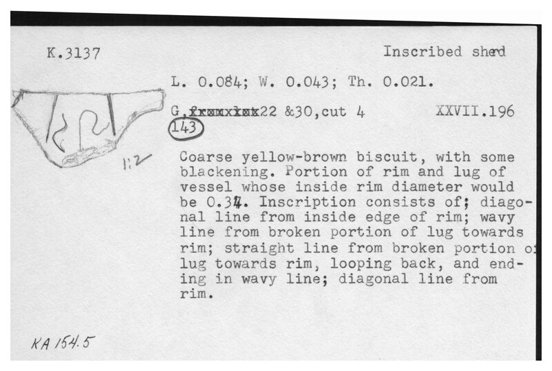 Index card with typed and handwritten information, sometimes including a sketch, of pottery from an excavation.