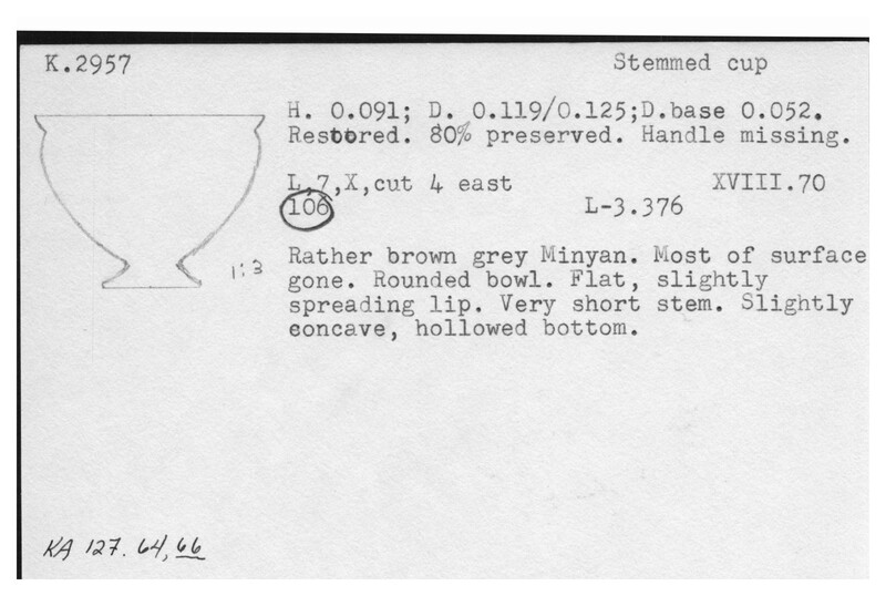Index card with typed and handwritten information, sometimes including a sketch, of pottery from an excavation.