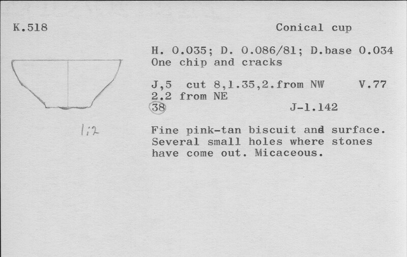 Index card with typed and handwritten information, sometimes including a sketch, of pottery from an excavation.