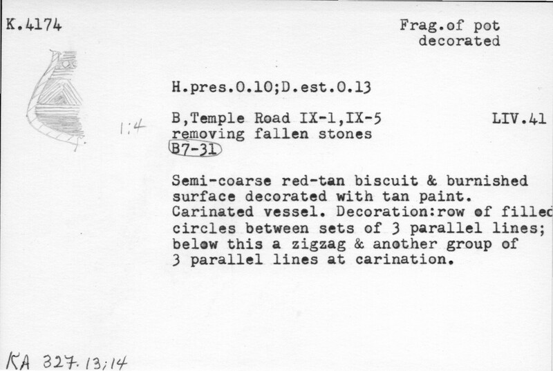 Index card with typed and handwritten information, sometimes including a sketch, of pottery from an excavation.