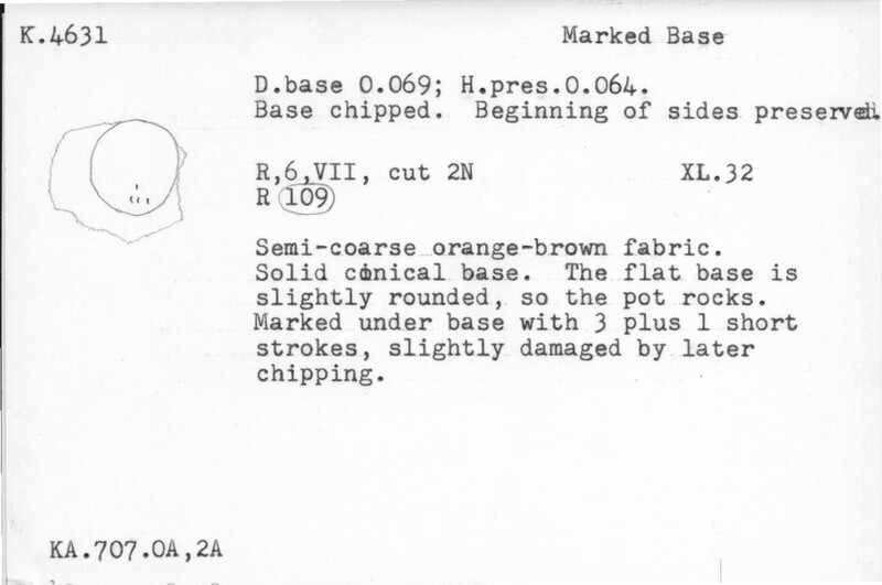 Index card with typed and handwritten information, sometimes including a sketch, of pottery from an excavation.