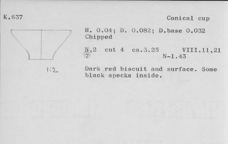 Index card with typed and handwritten information, sometimes including a sketch, of pottery from an excavation.