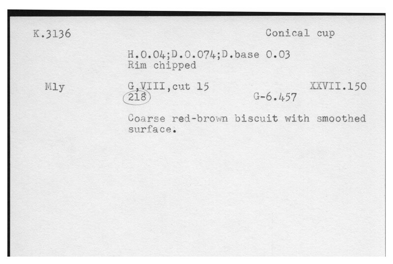 Index card with typed and handwritten information, sometimes including a sketch, of pottery from an excavation.