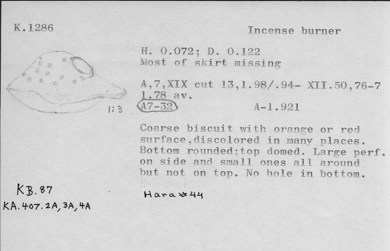 Index card with typed and handwritten information, sometimes including a sketch, of pottery from an excavation.