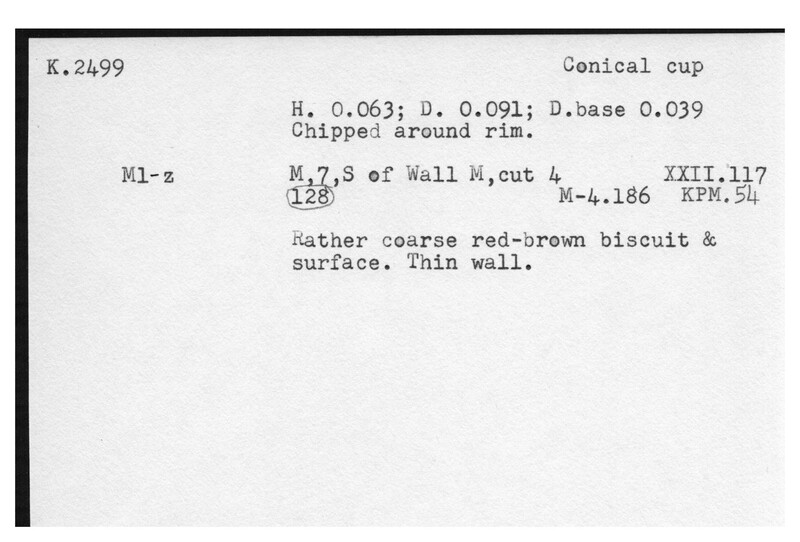 Index card with typed and handwritten information, sometimes including a sketch, of pottery from an excavation.