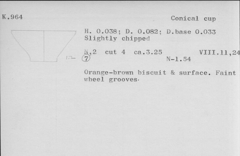 Index card with typed and handwritten information, sometimes including a sketch, of pottery from an excavation.