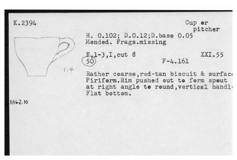 Index card with typed and handwritten information, sometimes including a sketch, of pottery from an excavation.