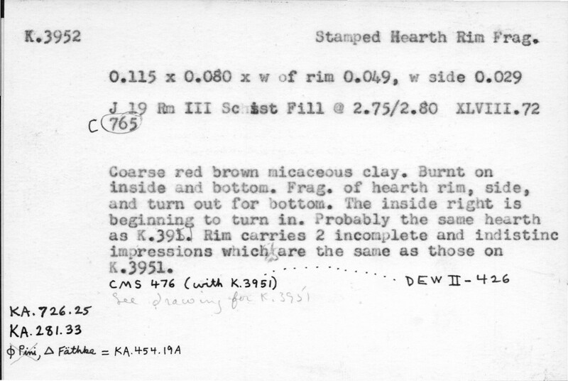 Index card with typed and handwritten information, sometimes including a sketch, of pottery from an excavation.