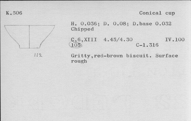 Index card with typed and handwritten information, sometimes including a sketch, of pottery from an excavation.