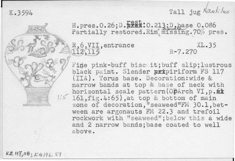 Index card with typed and handwritten information, sometimes including a sketch, of pottery from an excavation.