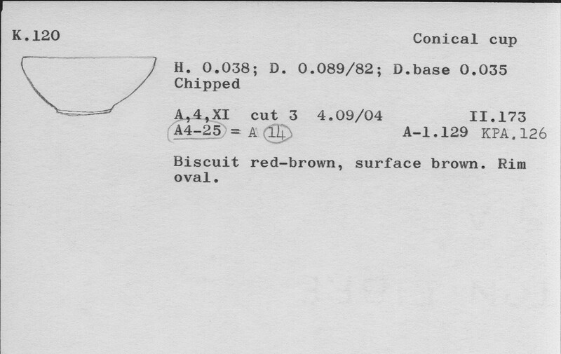 Index card with typed and handwritten information, sometimes including a sketch, of pottery from an excavation.