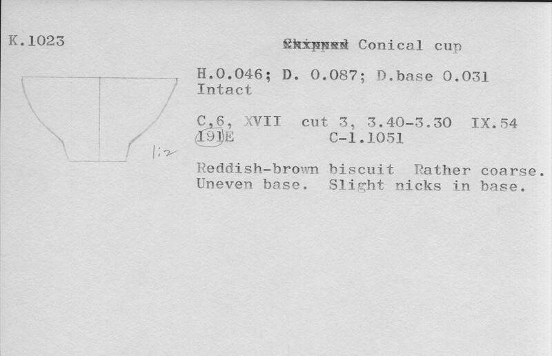 Index card with typed and handwritten information, sometimes including a sketch, of pottery from an excavation.