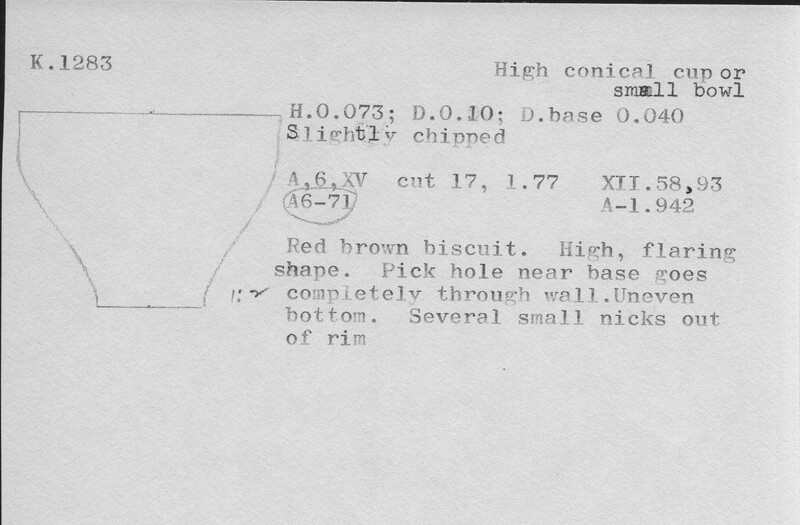 Index card with typed and handwritten information, sometimes including a sketch, of pottery from an excavation.