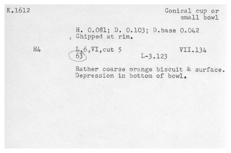 Index card with typed and handwritten information, sometimes including a sketch, of pottery from an excavation.