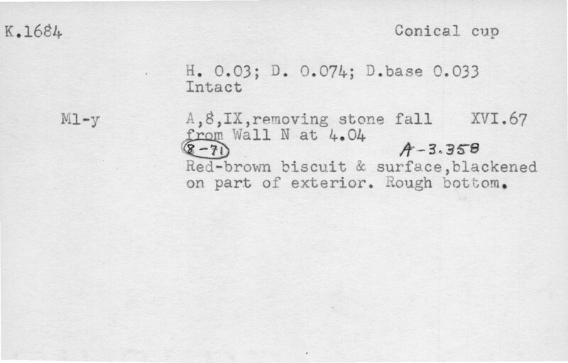 Index card with typed and handwritten information, sometimes including a sketch, of pottery from an excavation.