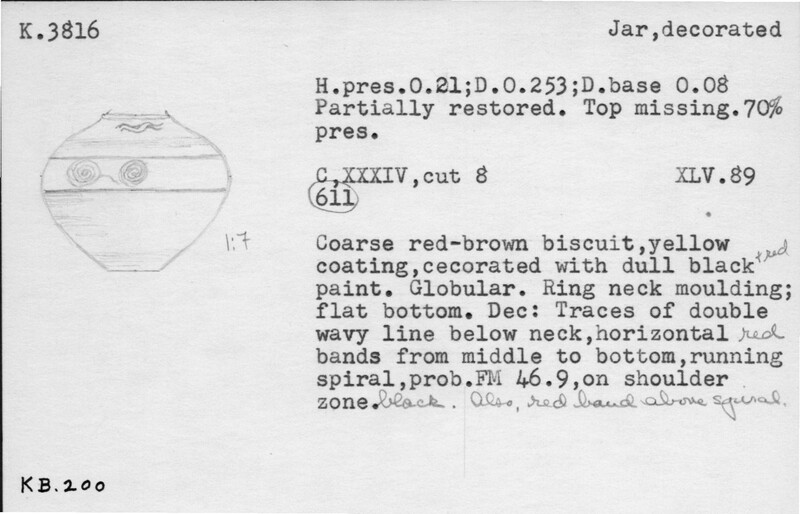 Index card with typed and handwritten information, sometimes including a sketch, of pottery from an excavation.