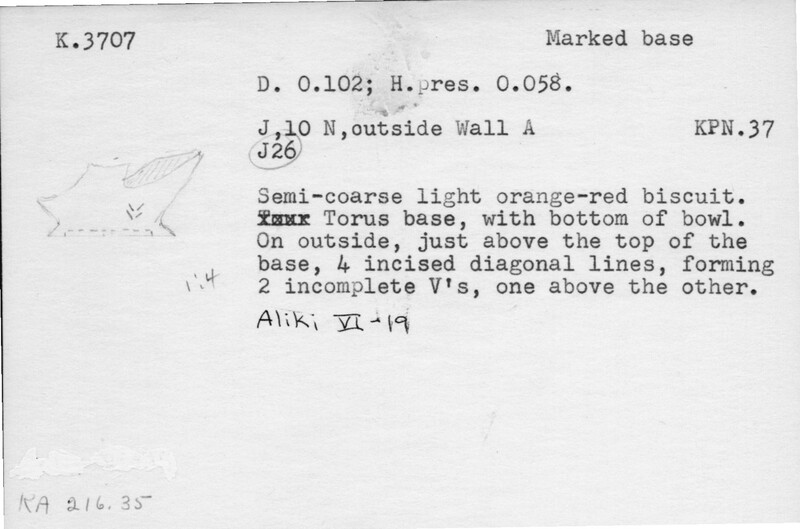 Index card with typed and handwritten information, sometimes including a sketch, of pottery from an excavation.