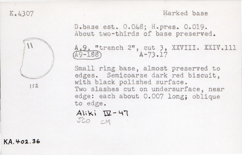 Index card with typed and handwritten information, sometimes including a sketch, of pottery from an excavation.