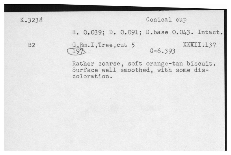 Index card with typed and handwritten information, sometimes including a sketch, of pottery from an excavation.