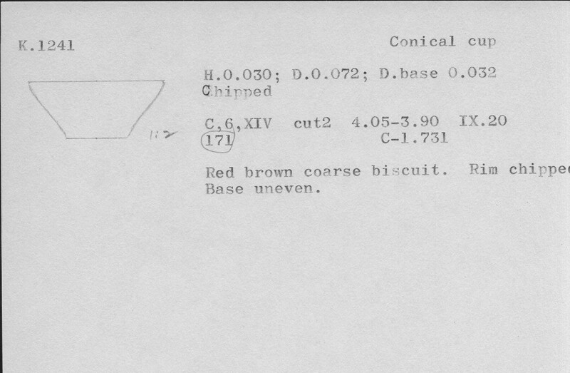 Index card with typed and handwritten information, sometimes including a sketch, of pottery from an excavation.