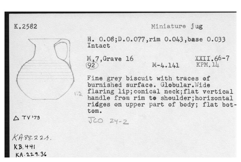 Index card with typed and handwritten information, sometimes including a sketch, of pottery from an excavation.