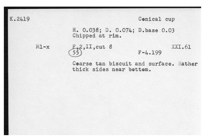 Index card with typed and handwritten information, sometimes including a sketch, of pottery from an excavation.