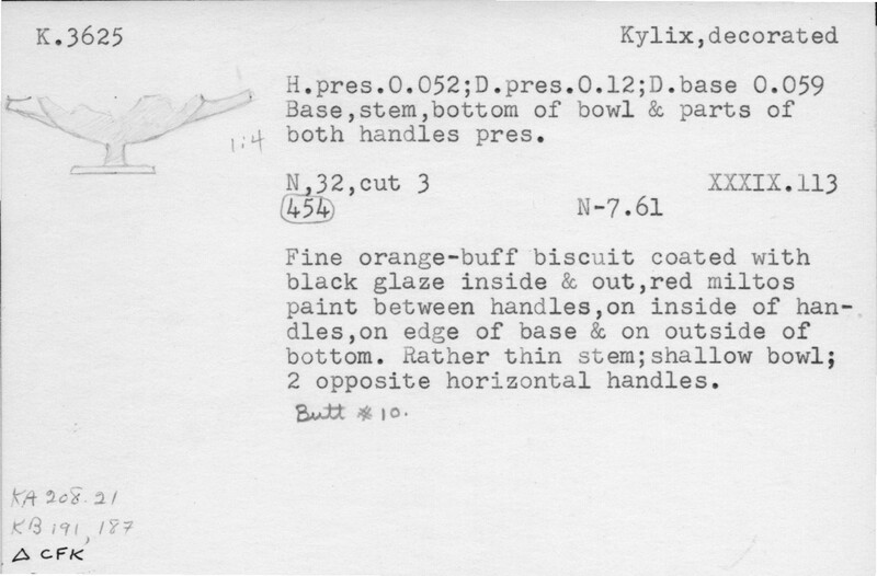 Index card with typed and handwritten information, sometimes including a sketch, of pottery from an excavation.