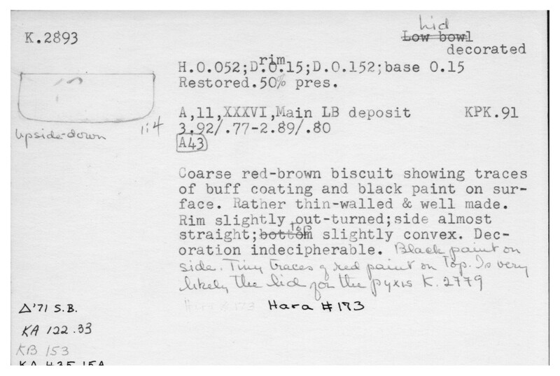 Index card with typed and handwritten information, sometimes including a sketch, of pottery from an excavation.