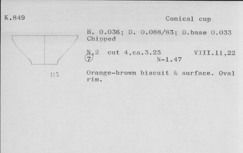 Index card with typed and handwritten information, sometimes including a sketch, of pottery from an excavation.