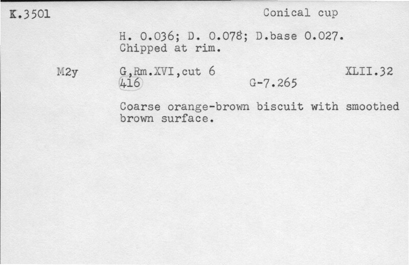 Index card with typed and handwritten information, sometimes including a sketch, of pottery from an excavation.
