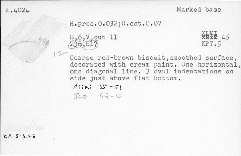 Index card with typed and handwritten information, sometimes including a sketch, of pottery from an excavation.