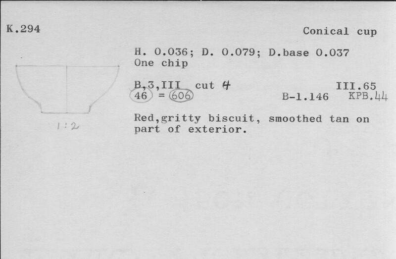Index card with typed and handwritten information, sometimes including a sketch, of pottery from an excavation.