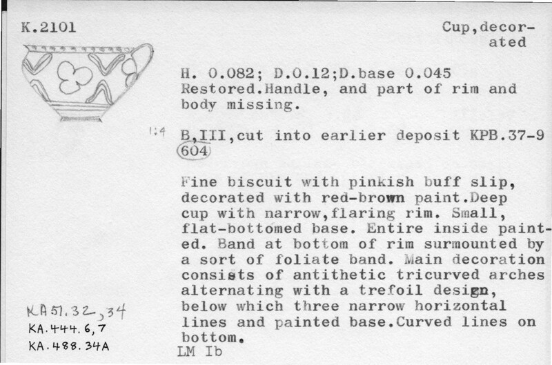 Index card with typed and handwritten information, sometimes including a sketch, of pottery from an excavation.