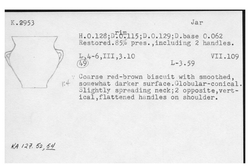 Index card with typed and handwritten information, sometimes including a sketch, of pottery from an excavation.