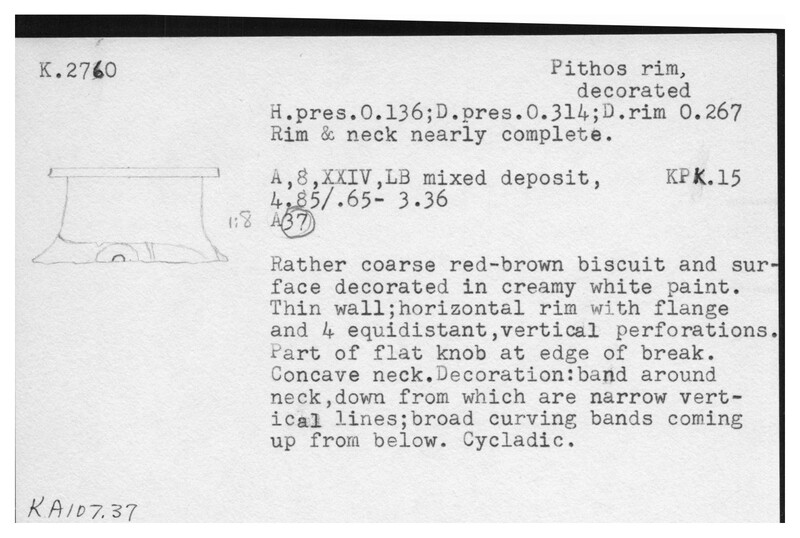 Index card with typed and handwritten information, sometimes including a sketch, of pottery from an excavation.