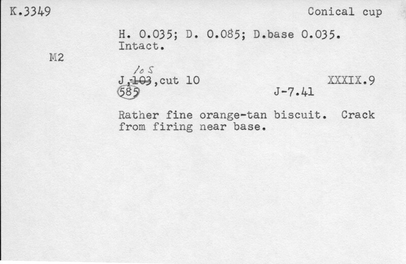 Index card with typed and handwritten information, sometimes including a sketch, of pottery from an excavation.