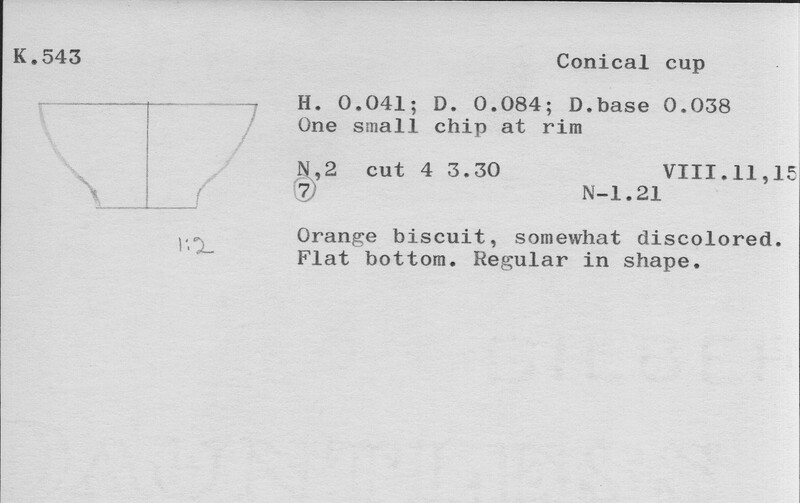 Index card with typed and handwritten information, sometimes including a sketch, of pottery from an excavation.