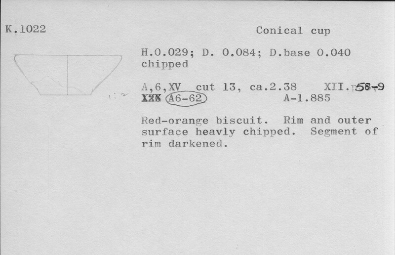 Index card with typed and handwritten information, sometimes including a sketch, of pottery from an excavation.