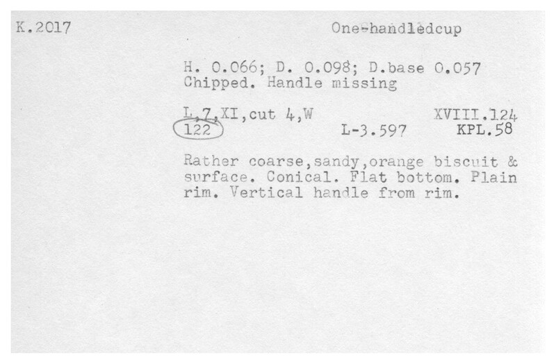 Index card with typed and handwritten information, sometimes including a sketch, of pottery from an excavation.
