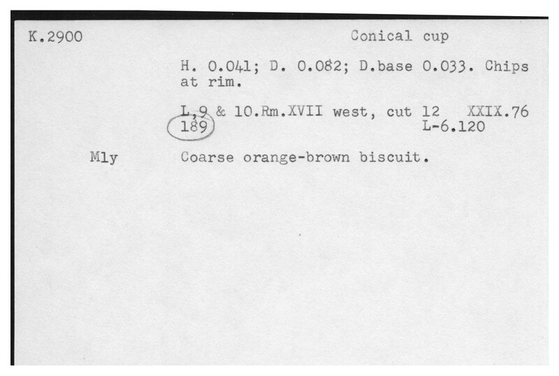 Index card with typed and handwritten information, sometimes including a sketch, of pottery from an excavation.