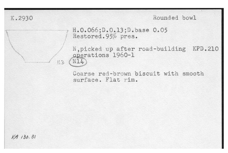 Index card with typed and handwritten information, sometimes including a sketch, of pottery from an excavation.