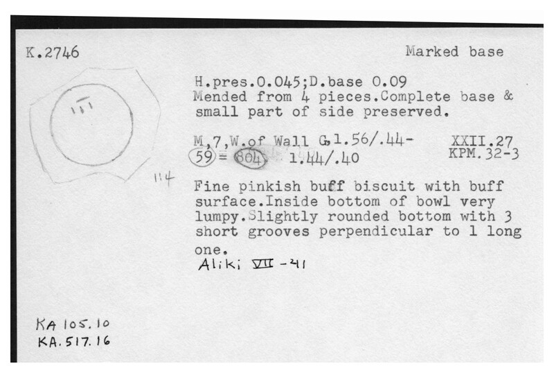 Index card with typed and handwritten information, sometimes including a sketch, of pottery from an excavation.
